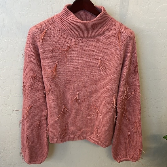 Rachel Parcell Ostrich Feather Trimmed Mock Neck Sweater, blush pink, size M - Picture 5 of 12